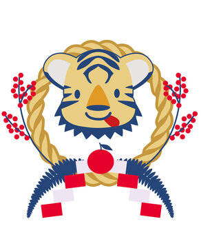 寅年　年賀状素材　アイコン　干支の可愛い漫画タッチの虎としめ縄飾りのイラスト　お正月イメージ