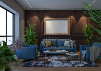 3D illustration Mockup photo frame in living room rendering