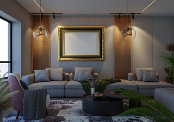 3D illustration Mockup photo frame in living room rendering