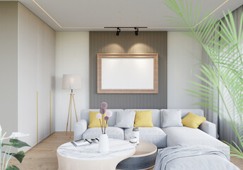 3D illustration Mockup photo frame in living room rendering