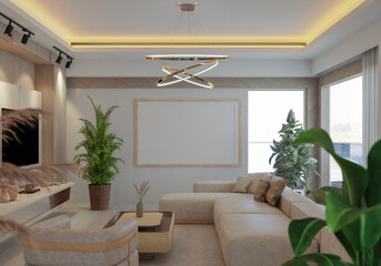 3D illustration Mockup photo frame in living room rendering