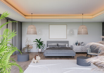 3D illustration Mockup photo frame in bedroom, rendering