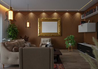 3D illustration Mockup photo frame in lounge room rendering