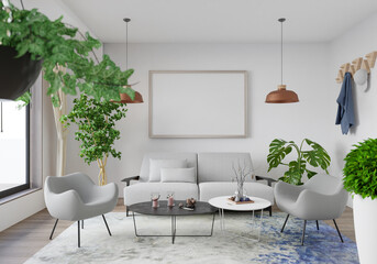 3D illustration Mockup photo frame in lounge room rendering