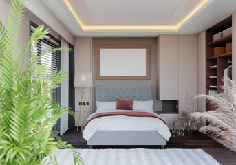 3D illustration Mockup photo frame in bedroom, rendering