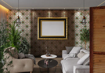 3D illustration Mockup photo frame in living room rendering