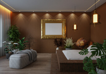 3D illustration Mockup photo frame in bedroom, rendering