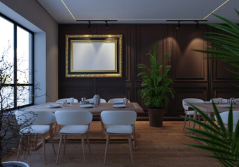 3D illustration Mockup photo frame in restaurant, rendering