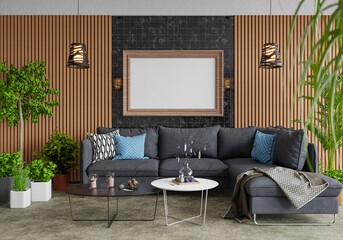 3D illustration Mockup photo frame in living room rendering