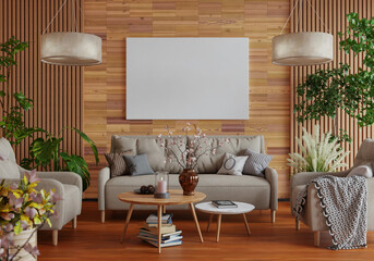 3D illustration Mockup photo frame in living room rendering