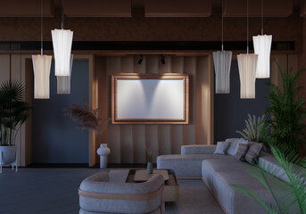 3D illustration Mockup photo frame in living room rendering