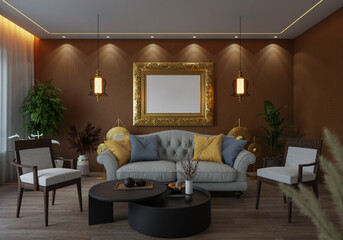 3D illustration Mockup photo frame in living room rendering