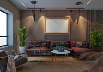 3D illustration Mockup photo frame in lounge room rendering