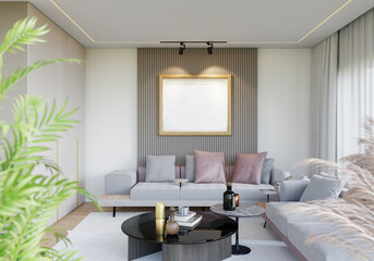3D illustration Mockup photo frame in lounge room rendering
