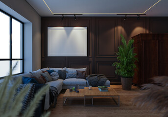 3D illustration Mockup photo frame in lounge room rendering