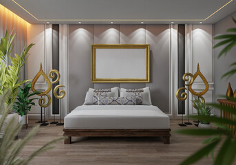 3D illustration Mockup photo frame in bedroom, rendering