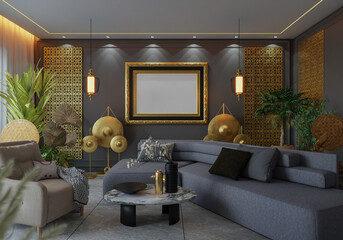 3D illustration Mockup photo frame in lounge room rendering