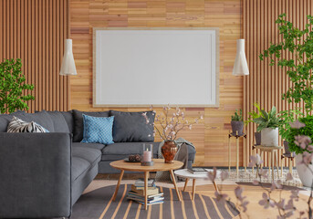 3D illustration Mockup photo frame in lounge room rendering