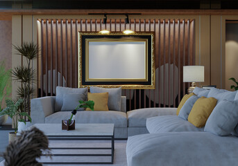 3D illustration Mockup photo frame in lounge room rendering