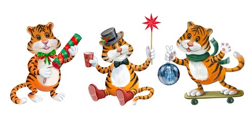  Cute Tigers, watercolor,Christmas,symbol year,Happy New Year, tigers on a white