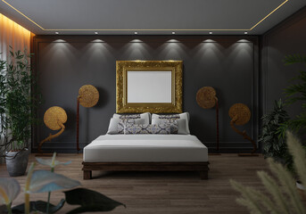 3D illustration Mockup photo frame in bedroom, rendering