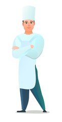 Male cook in overalls. Guy from kitchen in an apron. Cheerful person. Standing pose. Cartoon comic style flat design. Single character. Illustration isolated on white background. Vector