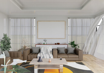 3D illustration Mockup photo frame in lounge room rendering