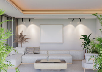 3D illustration Mockup photo frame in lounge room rendering