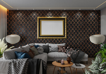 3D illustration Mockup photo frame in living room rendering