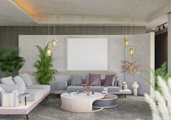 3D illustration Mockup photo frame in living room rendering