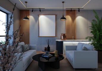 3D illustration Mockup photo frame in living room rendering