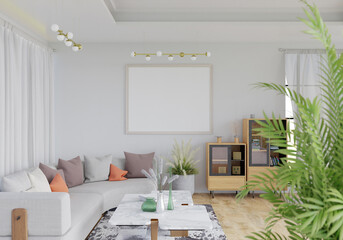 3D illustration Mockup photo frame in living room rendering