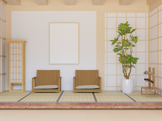 3D illustration mockup frame in japanese style room