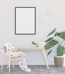 3D illustration Mockup photo frame in working area rendering