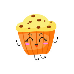 Kawaii cartoon of muffin character.   sweet dessert. Illustration emoji muffin in flat style. jumping, jump, happy