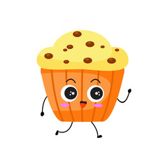 Kawaii cartoon of muffin character.   sweet dessert. Illustration emoji muffin in flat style. walk