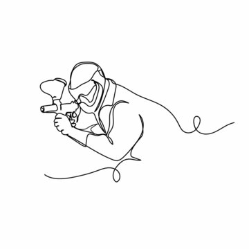 Vector continuous one single line drawing icon paintball player in silhouette on a white background. Linear stylized.