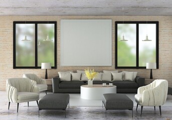 3D illustration Mockup photo frame in living room rendering