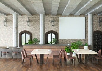 3D illustration Mockup photo frame in restaurant, rendering