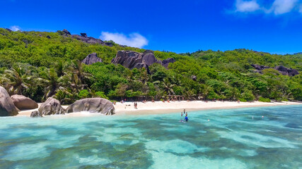 Fototapeta na wymiar Anse Source Argent, La Digue. Amazing aerial view from drone on a beautiful sunny day