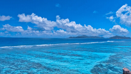 Anse Source Argent, La Digue. Amazing aerial view from drone on a beautiful sunny day