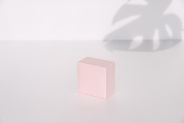 A pink box against a white background with leaves.