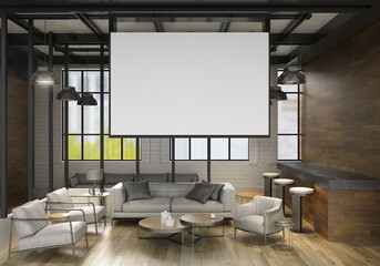 3D illustration Mockup photo frame in lounge rendering