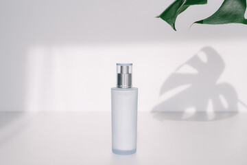 A white background with leaves and a sky blue cosmetics container.