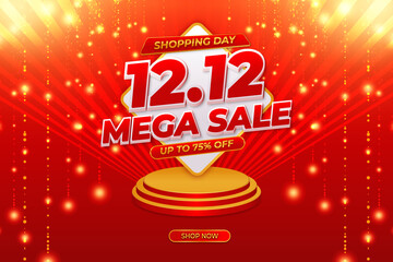 12.12 Shopping day big mega with gold podium and red background