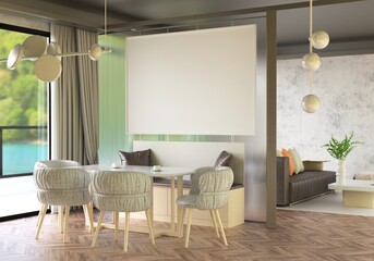 3D illustration Mockup photo frame in lounge rendering