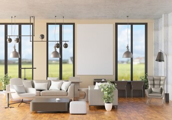 3D illustration Mockup photo frame in living room rendering
