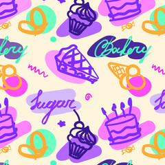 color lined food vector pattern. Pink, purple cupcake, yellow pretzel, ice cream, purple cake, pie, candies, sugar, bakery lettering. Food elements banner, poster. Birthday pattern, postcard. Doodle.