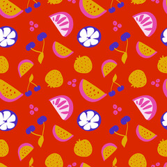 Funny summer style fruits vector pattern on the orange background. Pink lemon, purple cherries, yellow strawberries, watermelon, pink blueberries. Colorful funky illustration.