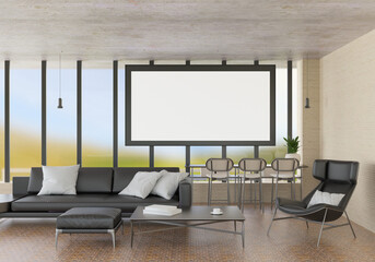 3D illustration Mockup photo frame in lounge rendering